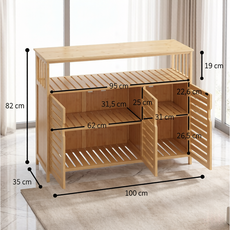 DESVIAE Sideboard Natur aus Bambus – 100x82x35 cm – Türen, offenes Fach – Bild 8