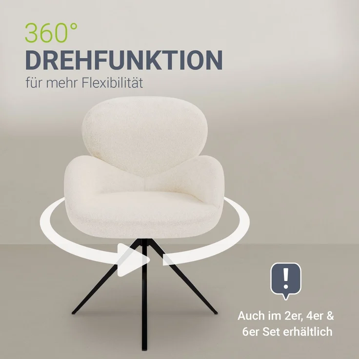 Juskys Drehstuhl Albano - Bouclé - 360° drehbar & gepolstert, pflegeleichter Bezug, verstellbare Metallfüße, modern für Esszimmer & Küche - Creme – Bild 3