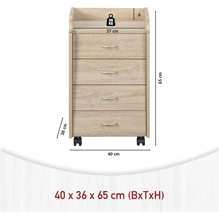 Inter Link Rollcontainer NOVI mit 4 Schubladen und Ablage, Sonoma-Eiche Optik Natur 40x37x65 cm – Bild 6