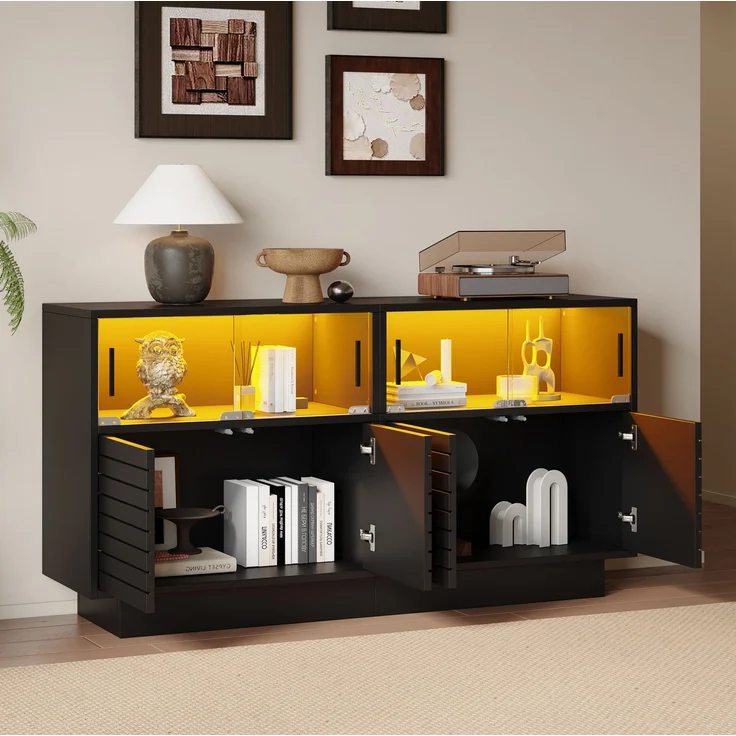 DESVIAE Sideboard mit LED-Beleuchtung und Glasschiebetüren 130x68x35 cm Spanplatte Schwarz – Bild 9