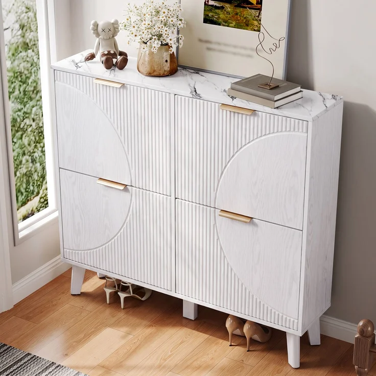 ZUBALIYA Schuhschrank (105 x 24 x 95,5 cm), 4 Klappfächer, Strukturierte Fronten, Stauraum für Flur und Eingangsbereich, Weiß – Bild 5