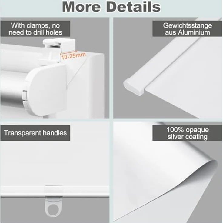 WOLTU Verdunkelungsrollo ohne Bohren, Klemmfix Thermorollo innen, Sicht- & Sonnenschutz Rollo, Schnurlos, Klemmrollo für Fenster & Türen, 70x150 cm, Weiß – Bild 6