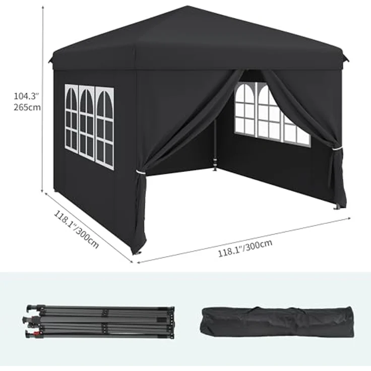 YITAHOME Pavillon mit Seitenwänden, 3x3m wasserdichte zusammenklappbares Garten Vordach, Ganzjahres Camping Pavillon UV-Schutz mit Heringen,Seil,Tragetasche,Gewichtsbeuteln Veranstaltungen,schwarz – Bild 2