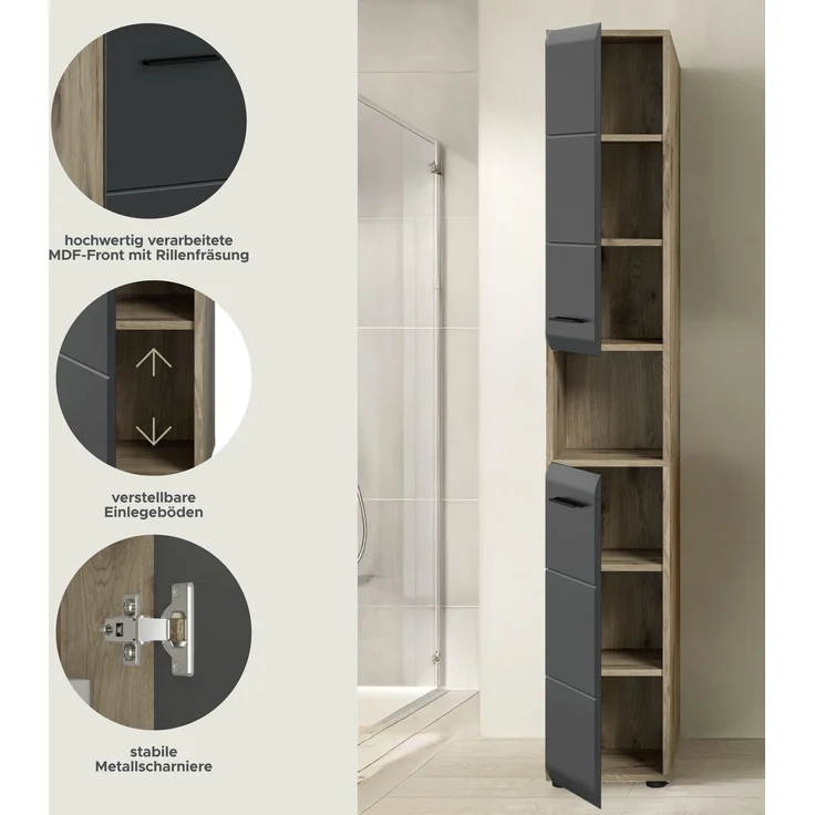 Hochschrank (B/H/T: 30x185x30 cm) in schwarz matt und Nox Oak Nachbildung – Bild 6