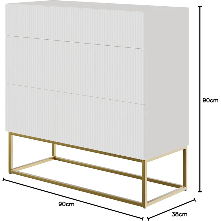 Selsey Kommode Schrank Aufbewahrungsschrank 90 cm Mit 3 Schubladen Weiß Goldene Beine Veldio – Bild 3