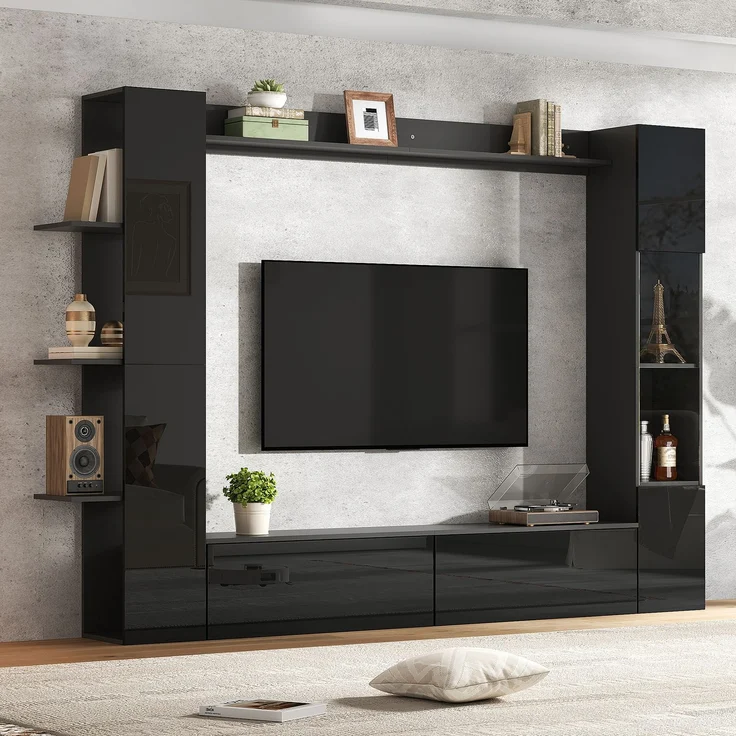 Wohnwand , Vitrinen Türanschlag wechselbar,(Set, 4-St), Kompaktwohnwand mit viel Stauraum,TV-Schrank, Vitrine, Aufbewahrungsschrank, speziell für das Wohnzimmer,Schwarz--Schwarz--245x30x170cm--YOUDENOVA – Bild 1