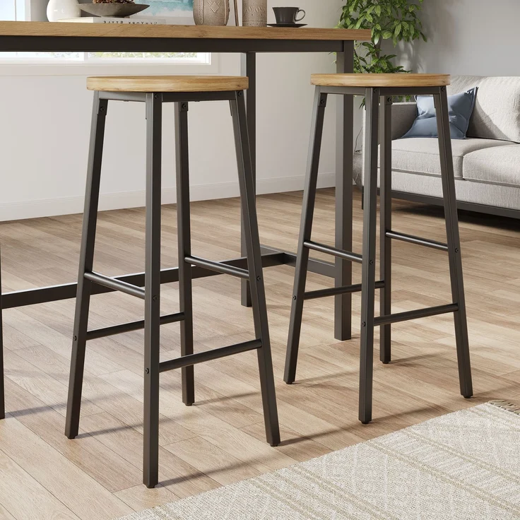 2-Set Barhocker mit Holzoptik-Sitz, 70cm, belastbar bis 150kg pro Hocker, mit zwei Fußstützen & verstellbaren Füßen, schwarzer Metallrahmen--Schwarz--30x30x70cm--YOUDENOVA – Bild 3