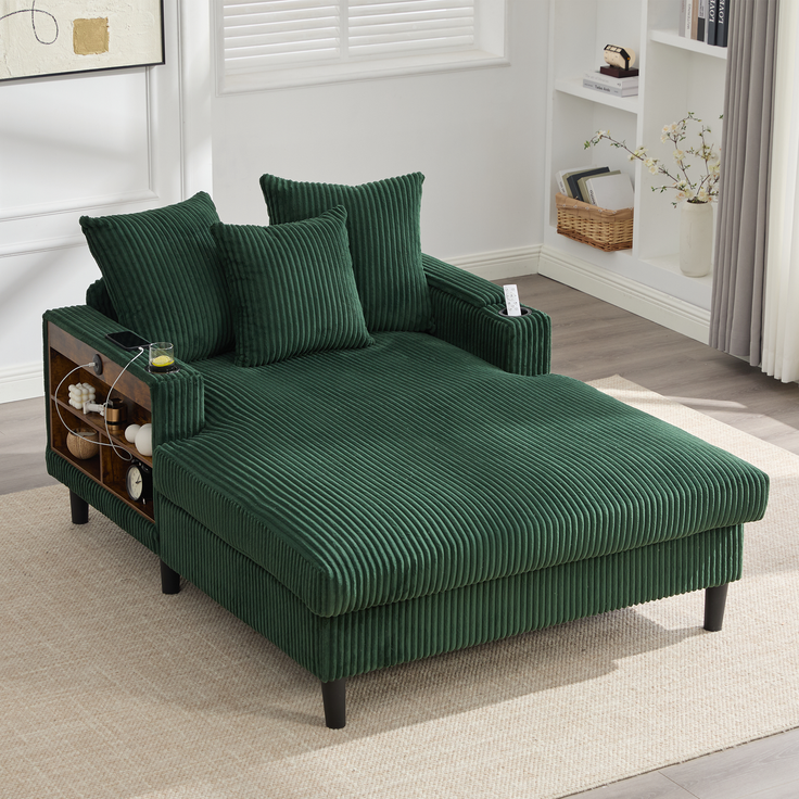 LVHOM Schlafsofa mit LED & USB, Chaiselongue mit Becherhalter & Stauraum, großes Einzelsofa bis 300kg belastbar, inkl. 3 Kissen, 129x170cm, Grün
