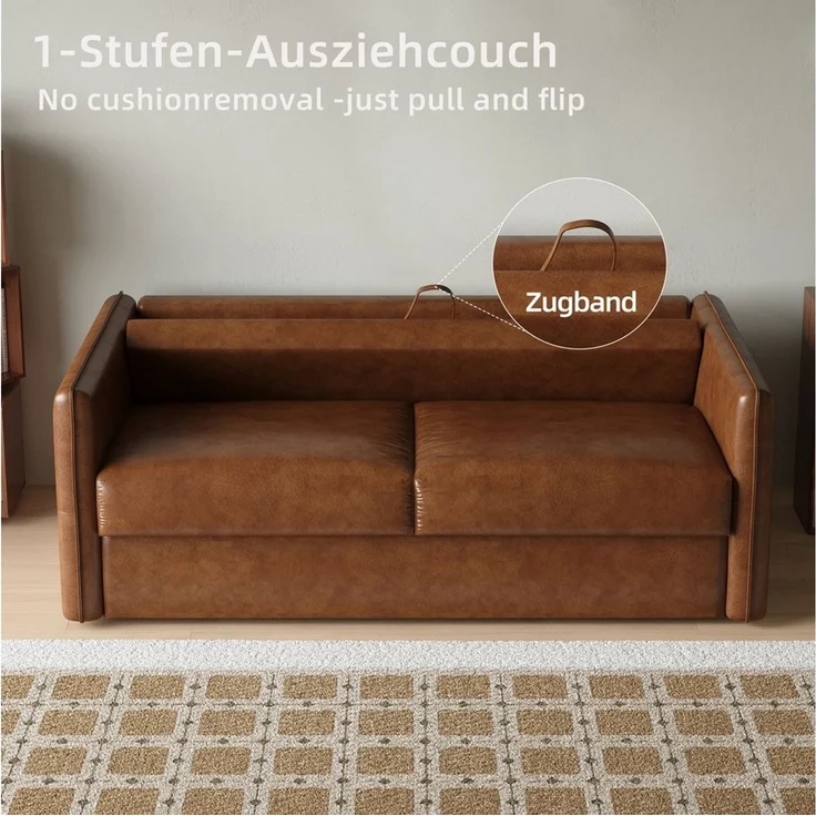 oleyluckidea Schlafsofa 3-in-1 schlafcouch ausziehbar,160cm mit Matratze,sofabett Lederoptik, Set, Zum Bett umwandelbar, braun – Bild 3