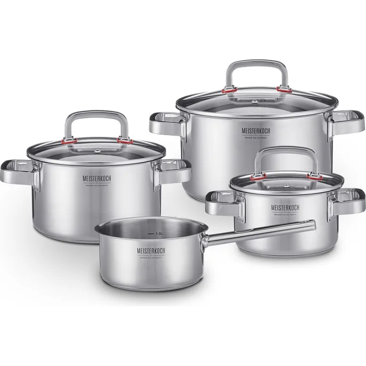 MEISTERKOCH Premium-Topfset aus rostfreiem Edelstahl | Profi-Kochgeschirr 4-teilig inklusive 3 Glasdeckel | isolierende Kaltgriffe, Induktion, Innenskala | 16-24 cm Durchmesser