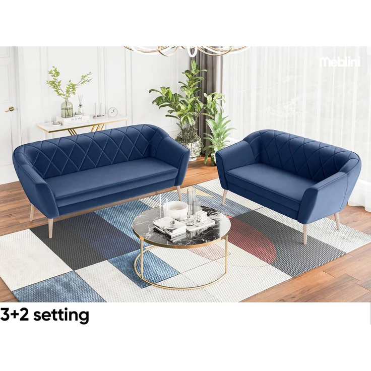 MEBLINI Sofa-Set GISELA 3+2+1 - Blau Samt - für Wohnzimmer - Mini Lounge für sechs Personen - Küchensofa - Sofa Klein - Sitzgarnitur - Polstergarnitur - Sofagarnituren – Bild 5