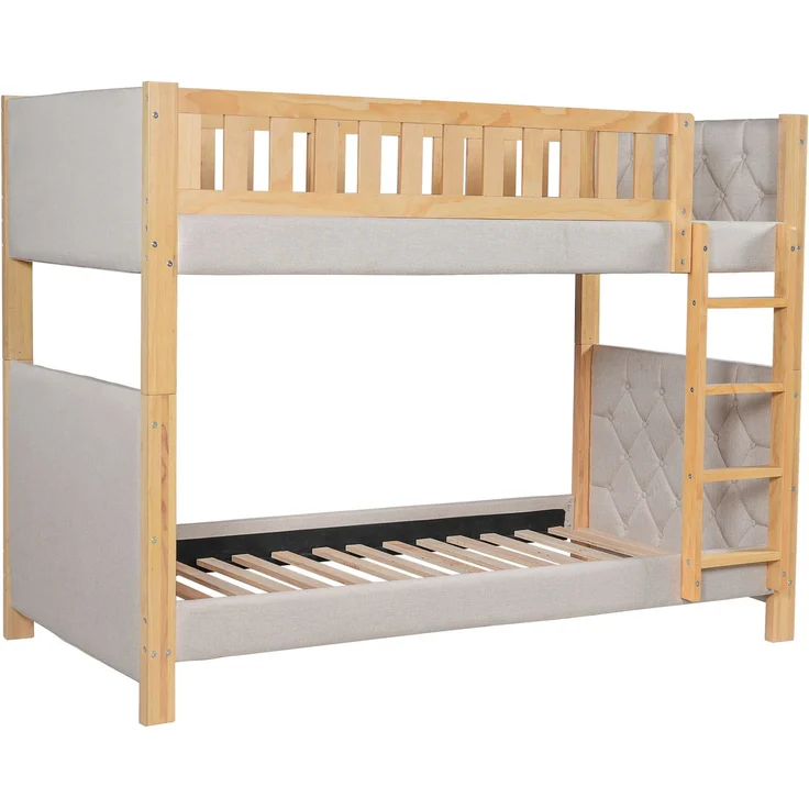 Merax Etagenbett, 90x200cm Kinderbett, Weiche Antikollisions-Schwammkante, Vierstufige gerade Treppe, Stabile Lattenroste, Grau+Natur – Bild 9