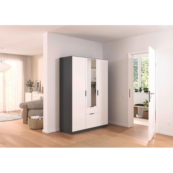 Rauch Möbel Glasgow Drehtürenschrank, Kleiderschrank, Schrank, Garderobe 3-türig, 1 Spiegeltüre, 2 Schubladen, Farbe Weiß/Grau metallic, Griffprofil Grau metallic, 136 x 197 x 54 cm – Bild 2