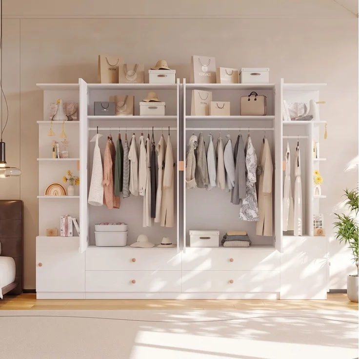 Kleiderschrank 270 x 45 x 200 cm in Weiß mit 6 Türen, 4 Kleiderstangen und 4 Schubladen – Bild 3