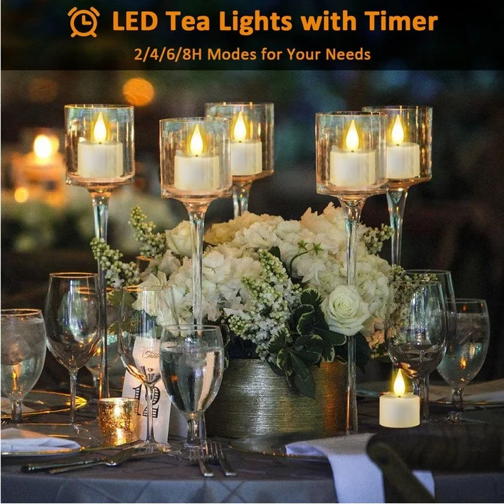 OZAVO LED-Teelichter 6/12er set Aufladbar LED Teelichter mit Timer Fernbedienung USB-Kabel, warmweiß, Flammenlose LED Teelichter Dimmbar für Hochzeiten Partys – Bild 2