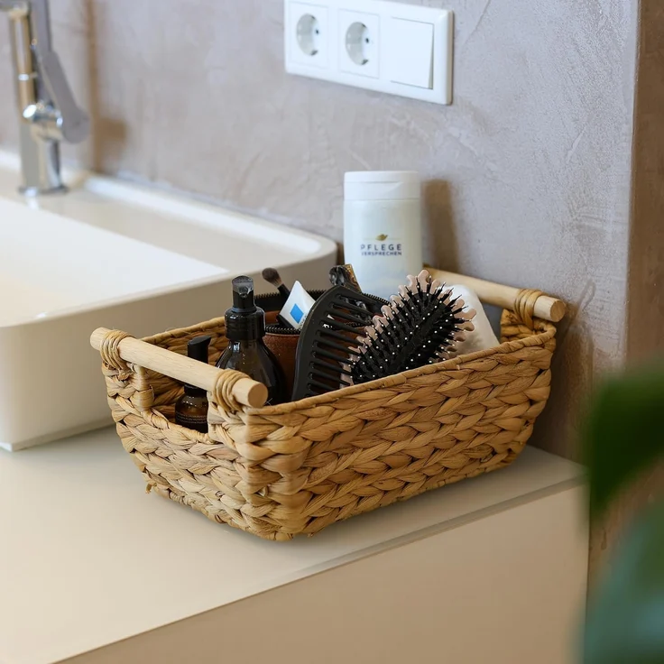 HMF Aufbewahrungskorb Aufbewahrungskorb mit Holzgriffen, Korb geflochten aus Wasserhyazinthe, Badezimmerkorb, lang und bauchig, 32 x 22 x 12 cm – Bild 9