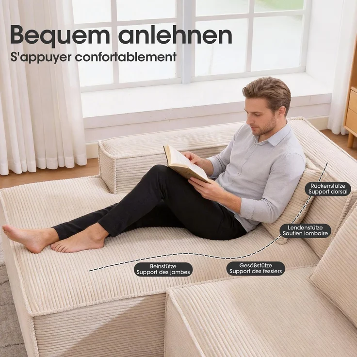 LVHOM Ecksofa 2 Sitzer, Modulares Sofa 235 cm breit, L-Form Sofa mit 2 Kissen, Schlafsofa aus Cordstoff, kein Aufbau erforderlich, Khaki – Bild 5