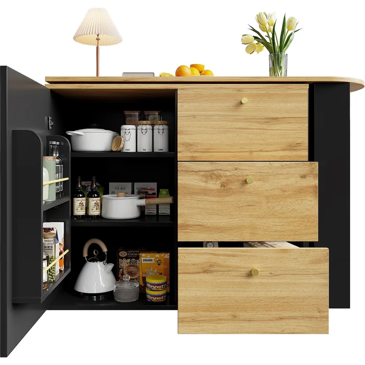 Ausziehbarer Bartisch mit Stauraum(138-204×39×104cm) , 360° drehbare Essbar,Moderner Beweglicher Bar Table,Hochtisch Kücheninsel Bistro Table, Sideboard mit Holzmaserung--Schwarz--120.5x58x13.5cm--YOUDENOVA – Bild 9