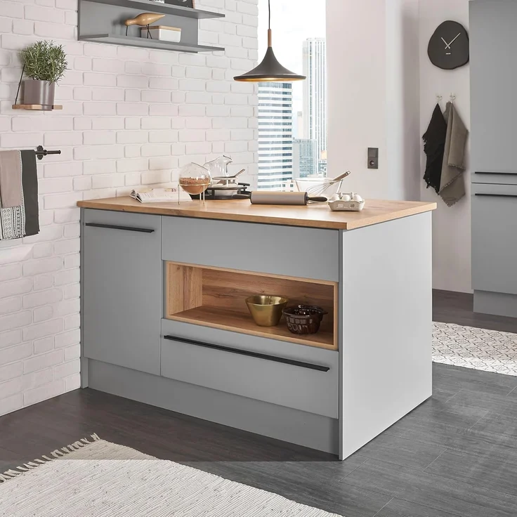 BASIC by Balculina Kücheninsel Denver, Kochinsel + Küchenregal BxHxT 145 x 90 x 90/BxHxT 90x22x21, Breite 145 cm, mit Tür, Schubkasten, Klappe und offenem Fach – Bild 3