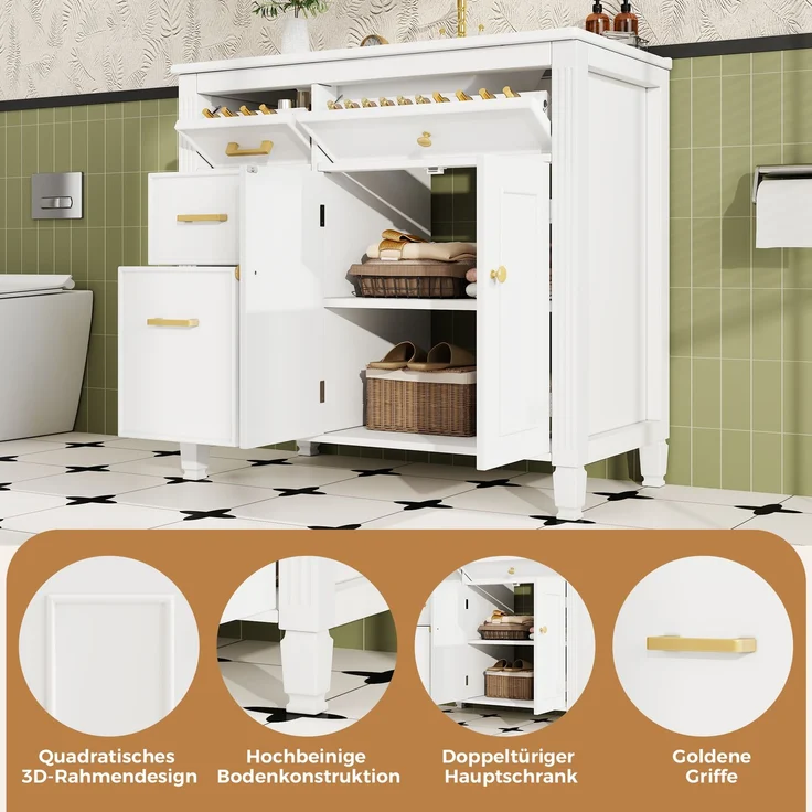91*46,5*87 cm, freistehender Waschtisch, lackierte Oberfläche, integriertes Keramikbecken, Soft-Close-Scharniere, geräuschlose Auszüge, 3D-Rahmendesign, Klappschublade, weiß. – Bild 10