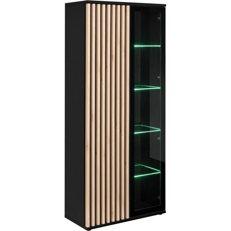 Wohnwand Cameron in Schwarz und Hickory Jackson mit Bio-Kamin, Beleuchtung und Lamellen 340 x 192 x 45 – Bild 2