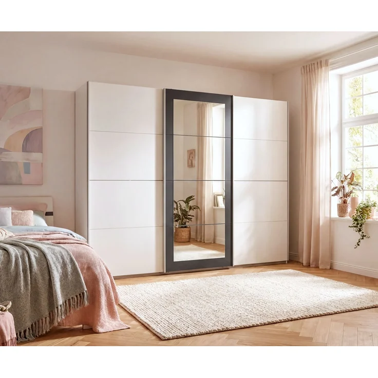 Schwebetürenschrank 3-trg Kleiderschrank 270 cm in Weiß Spiegel umrahmt in Grafit – Bild 3