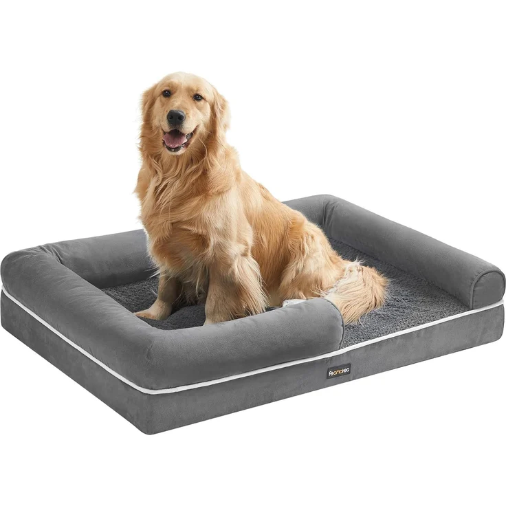 Feandrea Orthopädisches Hundebett, Hundekissen, Hundekorb, weiche Polsterung, Hundesofa, erhöhte Ränder, Bezug abnehmbar und waschbar, 112 x 86 x 18 cm, rutschfeste Unterseite, hellgrau PGW068G02V1