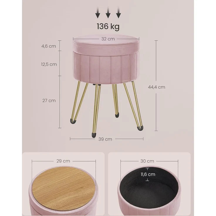 Songmics Sitzhocker Hocker (Schminktischhocker, Samt Schminkhocker), 4 Metallbeine, für Ankleidezimmer, Wohnzimmer, Schlafzimmer, rosa – Bild 3