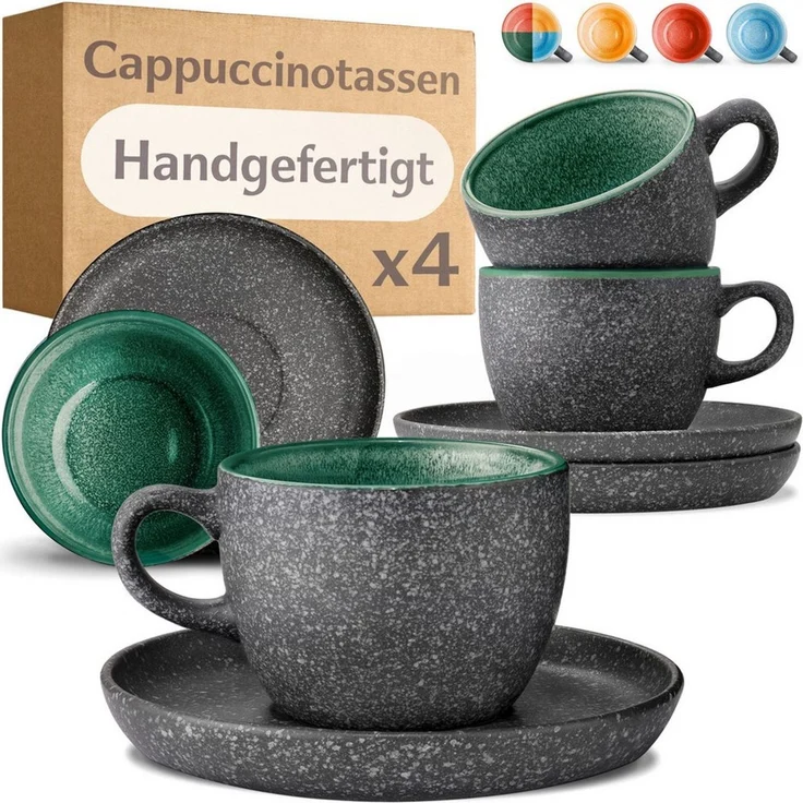 Cosumy Cappuccinotasse Cappuccino Tassen mit Untertassen 4er Set grün, 8-tlg, Keramik, Warm – Bild 1
