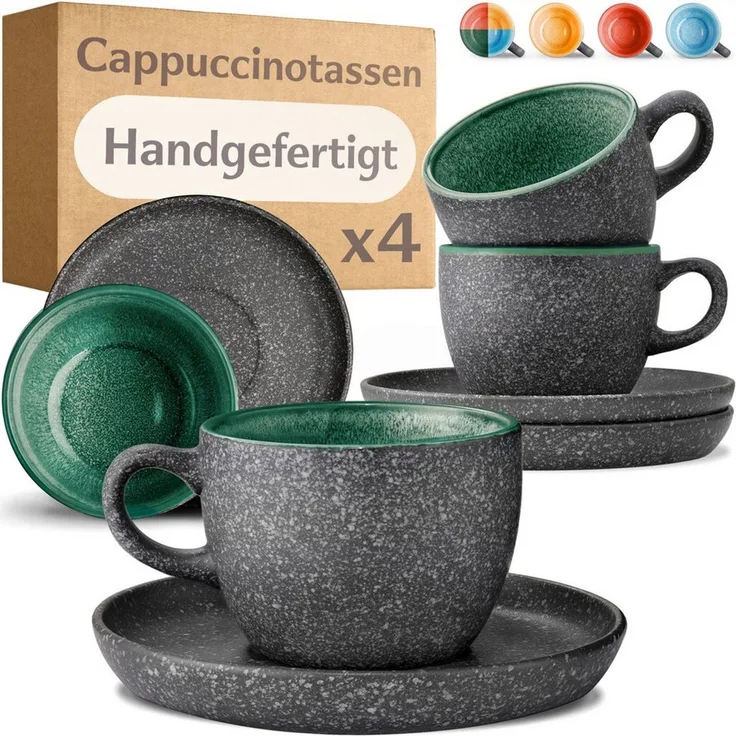 Cosumy Cappuccinotasse Cappuccino Tassen mit Untertassen 4er Set grün, 8-tlg, Keramik, Warm