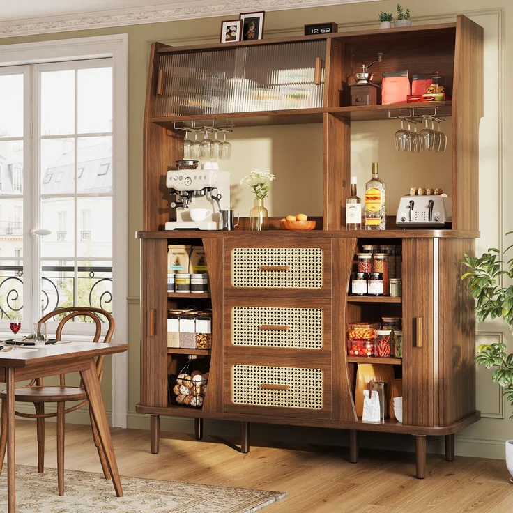 Hochwertiger Buffetschrank mit Rattanoptik & Glasschiebetüren, 174,5cm hoher Küchenschrank mit Stauraum, Naturholz-/Nussbaum-Optik, belastbar bis 60kg – Bild 2