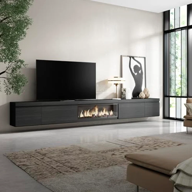Skraut Home | TV-Schrank, Lowboard | für Wohnzimmer und Esszimmer | 368 x 45 x 35 | Elektrokamin XXL | Hängend | Moderner Stil | Schwarz – Bild 3