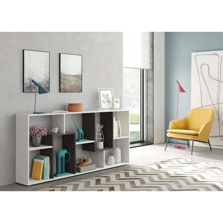 Dmora - Bücherregal Fremont, Multipositions-Bücherregal mit 8 Fächern, Büroregal, Regal als Raumteiler, cm 80x25h180, Weiß und Oxid – Bild 5