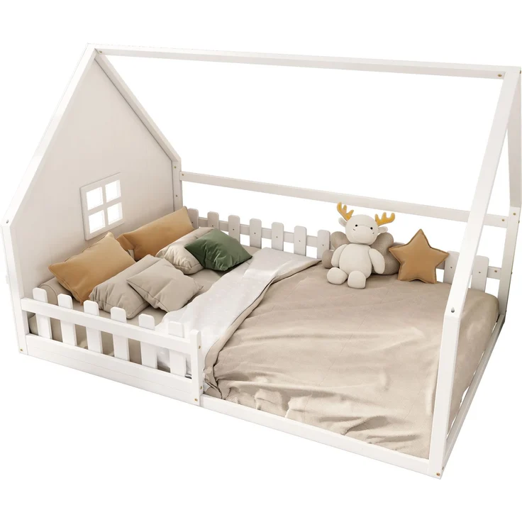 Kinderbett 140x200 Hausbett mit Geländer, Kiefernholz+MDF, Fantasiebett,Weiß – Bild 6