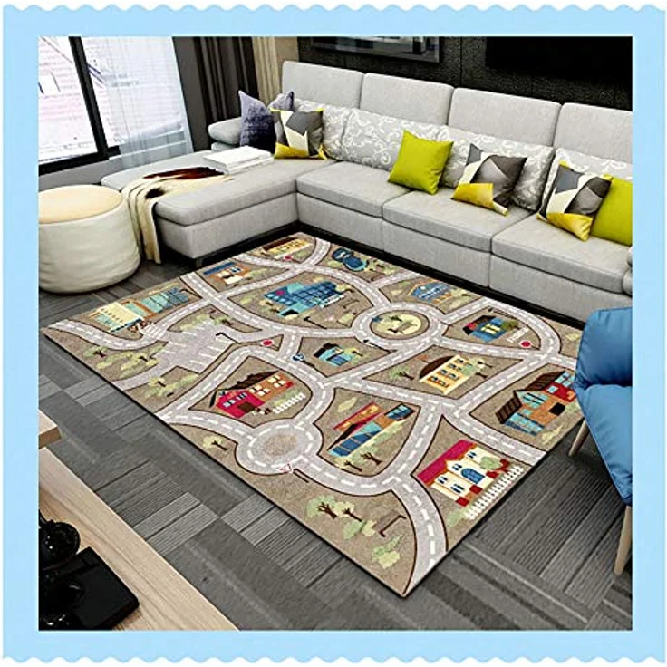 TYKTZXY Kinderteppich Spielen Teppich Straße Auto Tier Universum Blau Grün Grau(200×300cm,78×118inch) – Bild 7