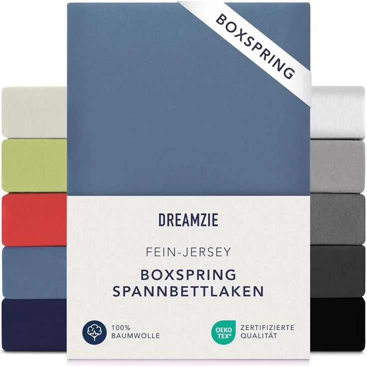 Dreamzie Premium Spannbettlaken 90x200 cm - 100x200 cm - 37cm Seitenhöhe - auch für Boxspringbett & Wasserbett - Bettlaken Boxspringbett 100% Jersey Baumwolle, 150 g/m² - Oeko-TEX - Blau