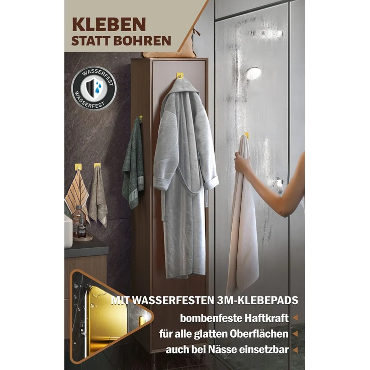 Lindenstein Selbstklebende Handtuchhaken 6er-Set Gold – Edelstahl 304, bis 10 kg – Bild 4