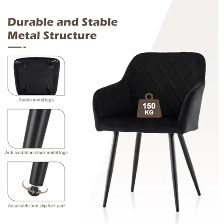 TUKAILAI Esszimmerstühle 2er Set aus Samt, Küchenstuhl Polsterstuhl Wohnzimmerstuhl Sessel mit Armlehnen Rückenlehne Metallbeinen, für Küche Esszimmer Wohnzimmer Lounge,Schwarz – Bild 10