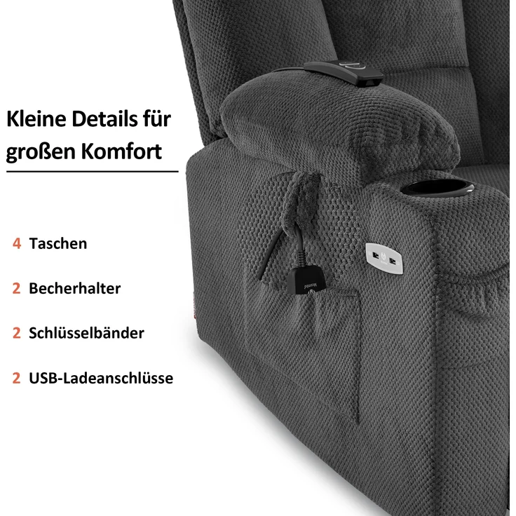 MCombo Relaxsessel mit Liegefunktion, Massage & Wärmefunktion, USB & Getränkehalter, Stoff Dunkelgrau, 94 x 90 x 105 cm – Bild 7