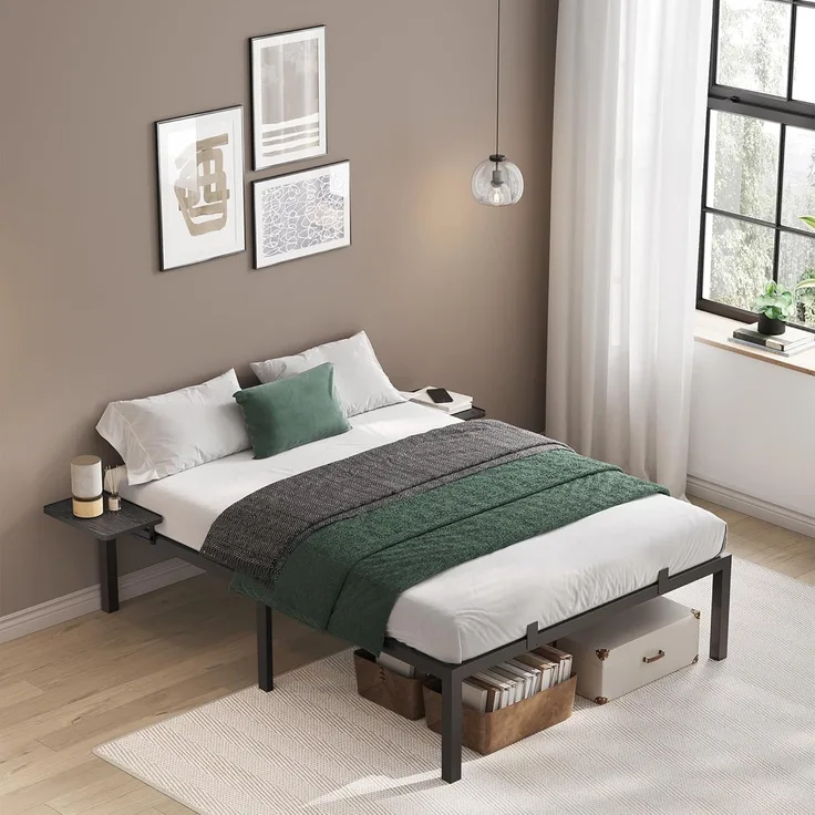 Vasagle Bettgestell, Doppelbettgestell, Bettrahmen, mit Aufbewahrungsregalen, Schwarz, 140x190 cm