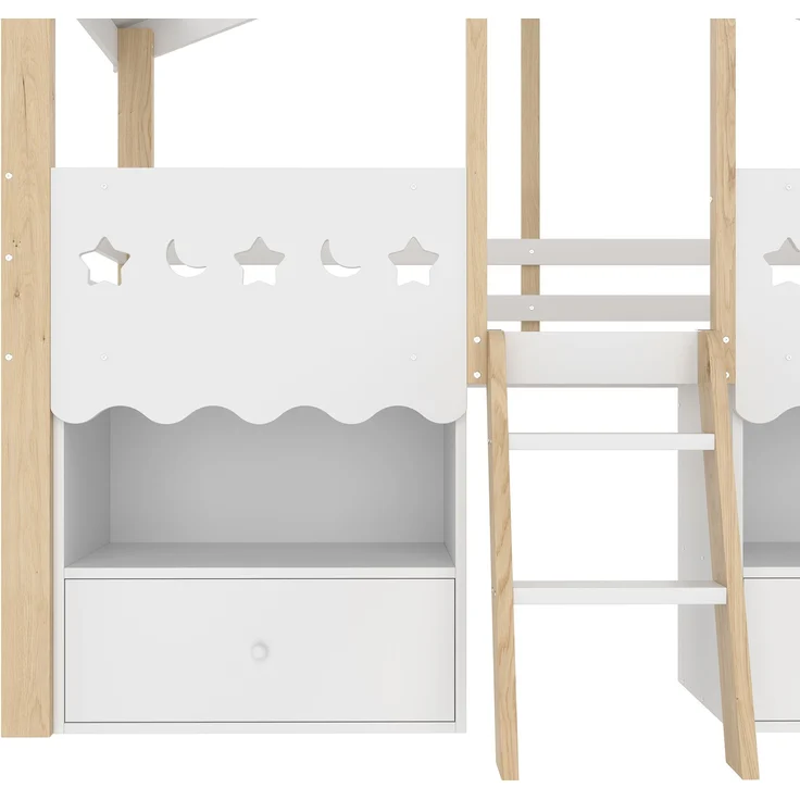 Bett in Hausform 90x200 cm mit LED-Beleuchtung und Schubladen – halbhohes Kinderbett aus Kiefernholz, Weiß/Natur – Bild 10