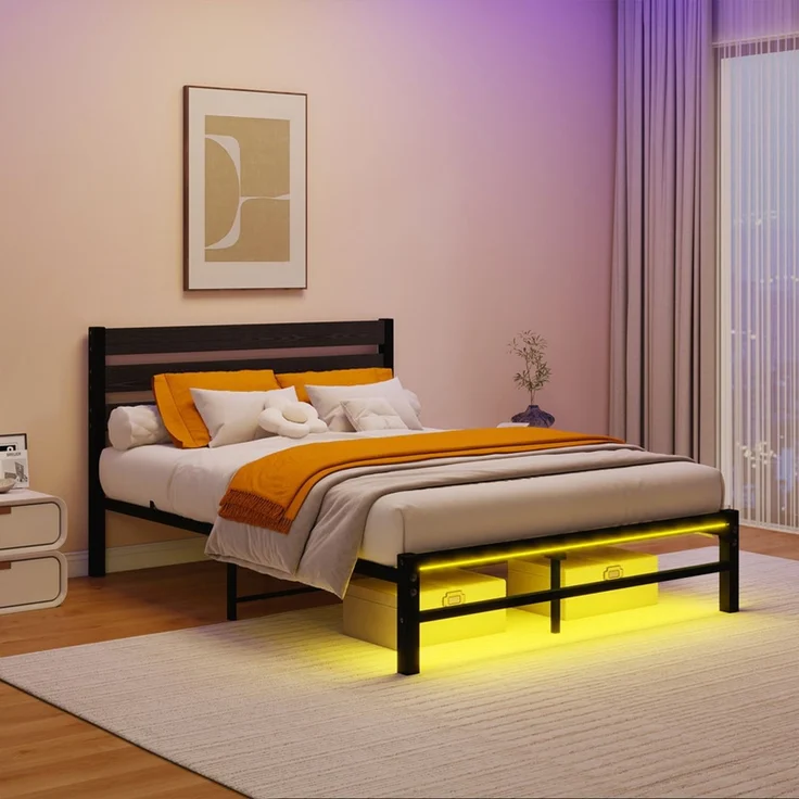 Homerecommend Metallbett 140x200 cm, Doppelbett und Jugendbett, mit MDF-Kopfteil, RGB-LED-Beleuchtung und 2 USB-Anschlüssen, Schwarz – Bild 4