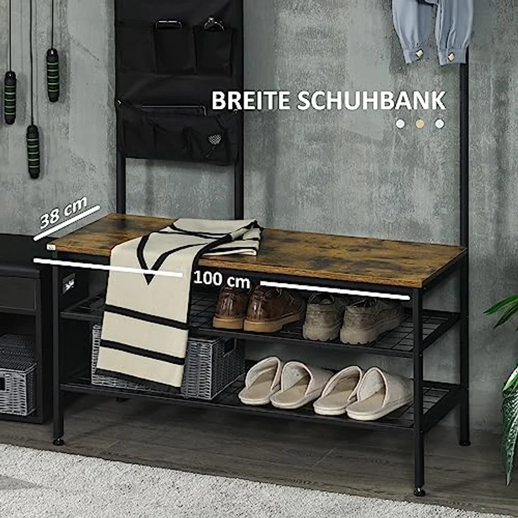 HOMCOM Garderobenständer, Braun, Metall und Holzwerkstoff, mit Schuhregal, 9 Haken und Memo-Board, 100x40x185 cm – Bild 4