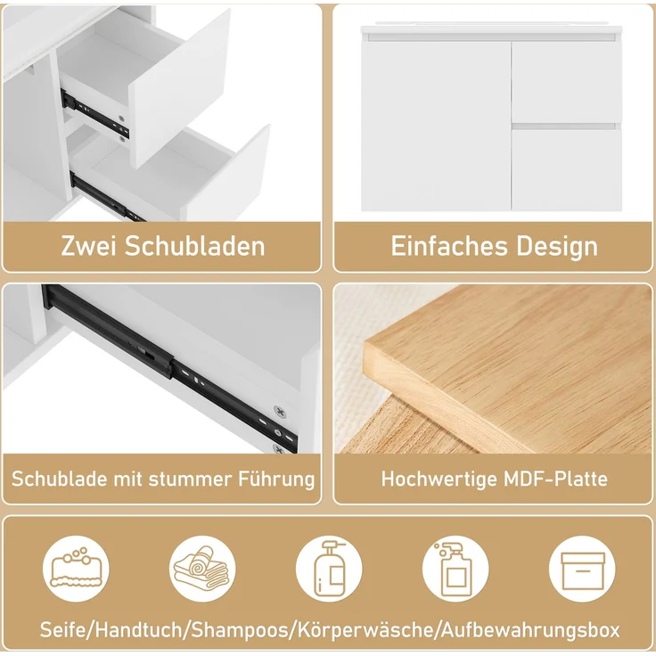 Wandhängender Waschtischunterschrank 76 x 46 x 50 cm aus MDF mit Keramikbecken und LED-Radarsensor – Bild 6