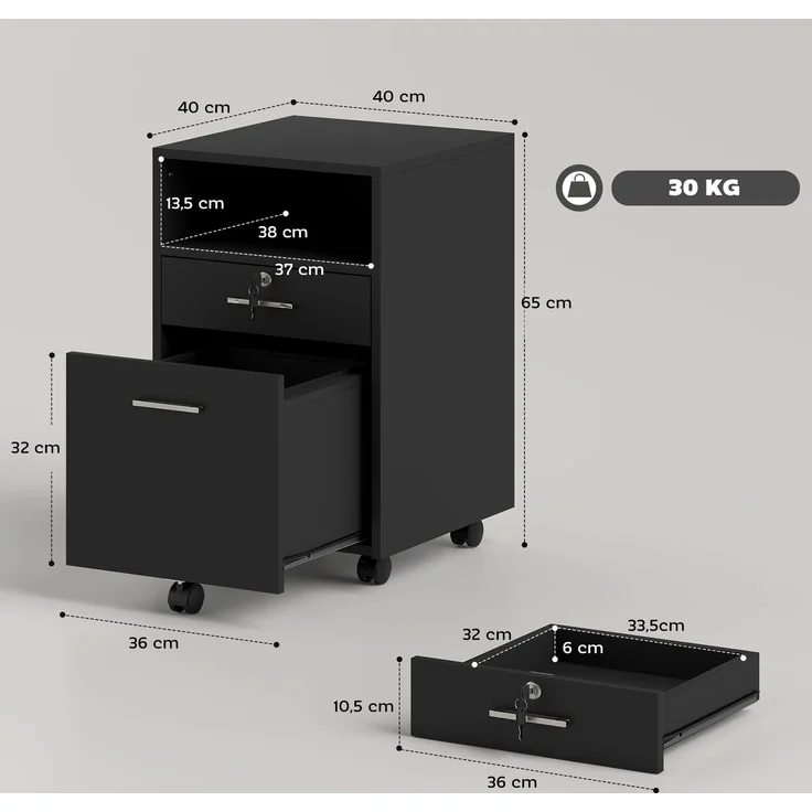 Büroschrank Rollcontainer, 2 Rollen, eine Rolle, 5 Rollen, Schwarz, 40 x 40 x 65 cm--Schwarz--65x40x40cm--YOUDENOVA – Bild 5