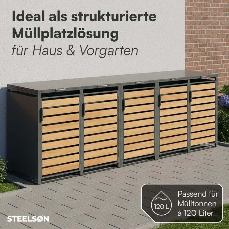 STEELSØN 'Kestra' Mülltonnenbox 5er je 120 Liter, anthrazit mit Holzoptik, Mülltonnenverkleidung aus Stahl, wetterfest, 102x62x294,5 cm, Müllbox für 5 Tonnen – Bild 3