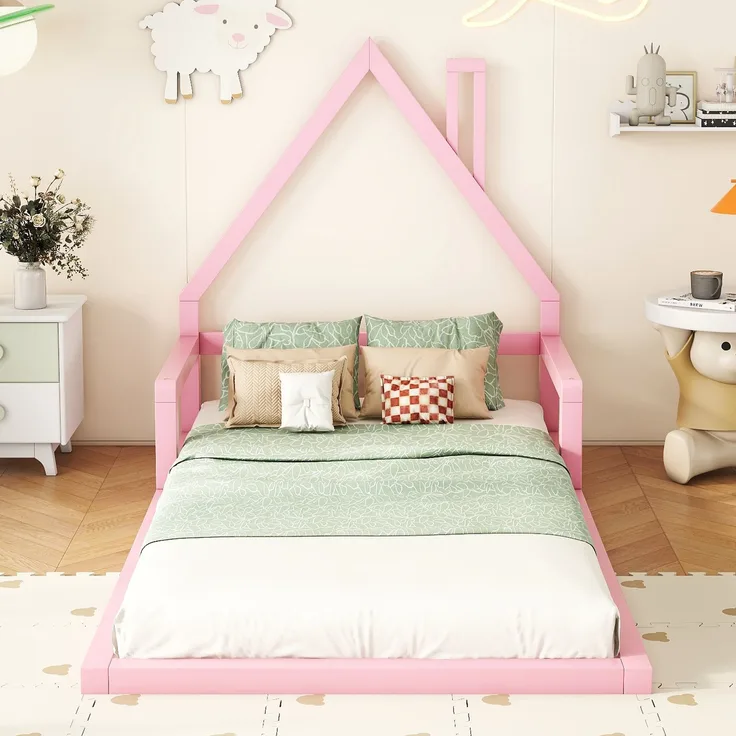 Bett 90x200 cm Hausform aus Kiefer massiv in Rosa – kindgerechtes, schlichtes Design