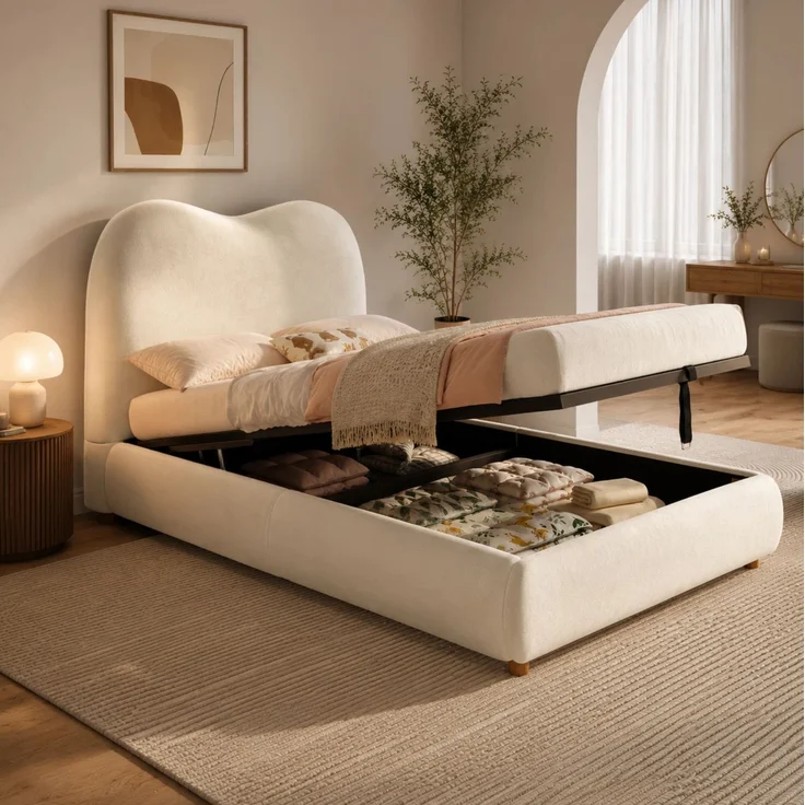 CHICFURN Polsterbett aus Samt Beige 90x200 cm mit hydraulischem Bettkasten und Lattenrost – Bild 1