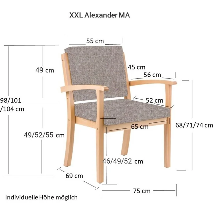 einrichtungsdesign24 Armlehnstuhl Schwerlaststuhl für Schwergewichtige Alexander mit Armlehnen bis 250kg, Massivholz, extra starke Beine, geneigte Sitzfläche und Rückenlehne – Bild 3