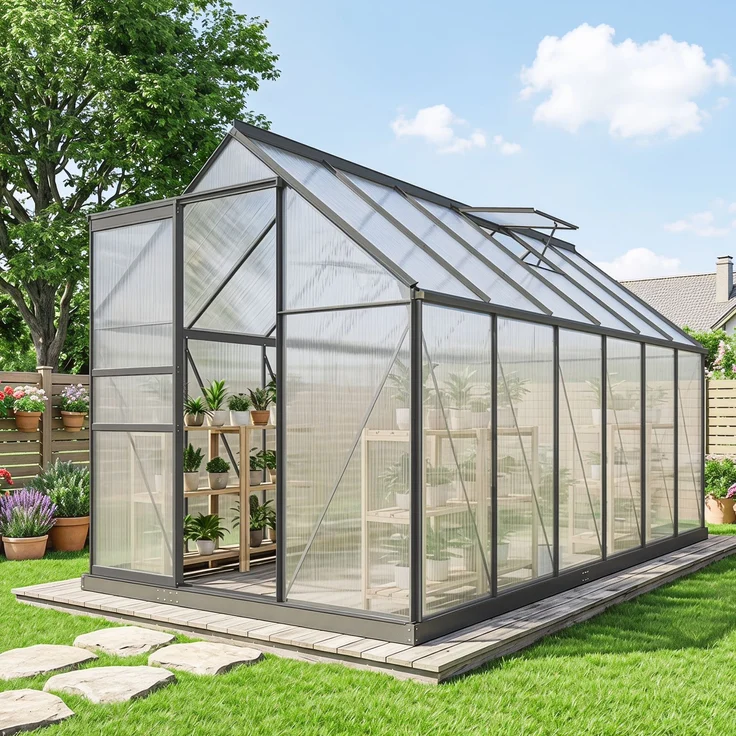 Gartengewächshaus aus Polycarbonat mit 7, 190.0×375.0×199.0cm, Grau, MELAYR – Bild 3